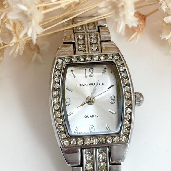 Charter Club Silver Toned Rhinestone Vintage Women's Wristwatch - 14mm - WORKS! - Picture 1 of 10